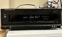 Front view showing Harman/Kardon AVR-65 receiver powered on with FM tuner display at 87.50 MHz.