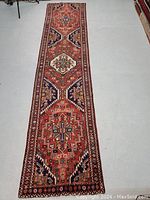 Full-length view of runner laid flat on floor showing repeating medallion pattern.