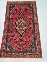 Full view of the rectangular Persian rug with central medallion and floral border designs.