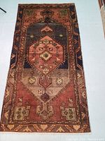 Full view of rug lying flat on floor showing overall pattern and colors