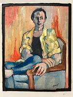 Full view of the signed oil on board painting of a seated man with a yellow jacket and blue pants.