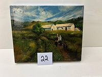 Front view of the oil painting showing the farm landscape, man on donkey cart, fields, and farm buildings.