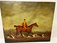 Full view of the painting showing the horse, rider, and hunting dogs with a rustic fence and brownish sky background.
