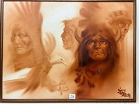 Frontal view of the full oil painting on canvas framed, showing sepia toned figures and an eagle.