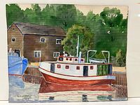 Full view of the pastel painting showing fishing tug boats, wooden building, trees and reflections on water.