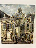 Overall view of the painting showing the street scene with buildings, a statue, and pedestrians.