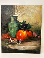 Full view of the still life oil painting showing the green vase, two apples, and flowers on a stone surface.