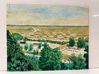 Full view of the watercolour painting showing the coastal landscape with trees, buildings, and ocean.