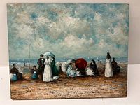 Full view of the oil painting showing the entire beach scene and figures