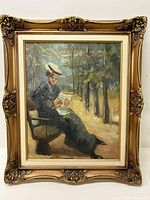 Frontal view of the painting including the ornate frame. Woman seated on a bench with trees in the background.