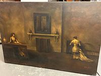 Front view of large oil painting showing two women in a room with fireplace and furniture.