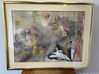 Frontal view of the framed abstract impressionist oil painting on canvas showing full artwork and signature, measuring 18.5" x 14.5".