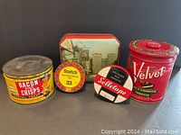 Five vintage tins including velvet tobacco tin, bacon and crisps tin, 2 tape tins and a rectangular Canterbury Cookie tin with cityscape design
