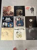 Nine vintage vinyl records arranged in a grid, showcasing the album covers from Frank Sinatra, Barbra Streisand, Paul Anka, Diana Ross, Gladys Knight & The Pips and others.