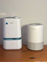 Photo shows both the Levoit humidifier and diffuser side by side. Humidifier is white with a blue water tank and power button on front, diffuser is a white and gray cylinder with buttons on the front.