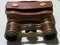 Photo of the antique opera glasses binoculars in front of the matching original leather case, showing front view with adjusting knob and leather texture on barrels.