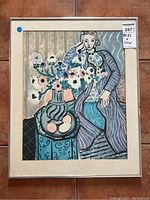 Full view of framed print showing the seated woman in the purple robe with floral and fruit still life.