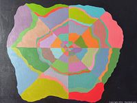 Front view of 24x24 inch abstract painting with colorful concentric shapes on black background.