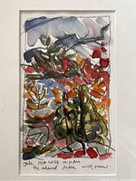 Close-up view of the signed abstract watercolor painting featuring colorful brush strokes and artist signature with title and date inscription.