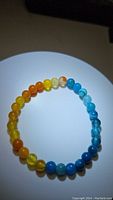 Clear image of the bracelet on a white circular background showing yellow, orange and blue agate beads arranged in a gradient gradient pattern.