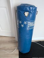 Full view of the blue Everlast punching bag, cylindrical with logo and stars, standing upright.
