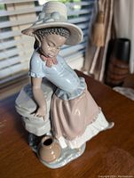 Front-side angle of Lladró porcelain figurine showing the girl seated on rocks with a vase at her feet, detailing clothing and facial features.