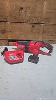 Full set including Milwaukee M12 vacuum, battery, and charger on white and wood background.