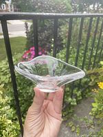 Photo of the clear glass crystal bowl held in hand showing its shape and size with outdoor garden background.