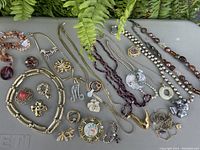 Overview of assorted ladies fashion jewelry including necklaces, brooches, and pendants displayed on a gray surface with green foliage background.