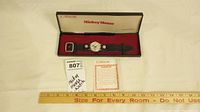 Full lot layout including Mickey Mouse watch in box, guarantee, lot tag, and measurement ruler.