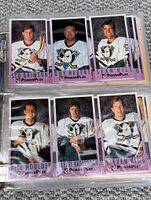 Photo shows cards featuring players Stu Grimson, Guy Hebert, Sean Hill, Roll Houder, Alexei Kasatonov, and Steven King, all from the Anaheim Mighty Ducks with PowerPlay branding and purple border at bottom.