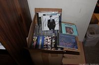 Box of assorted used music CDs primarily blues and jazz, showing album covers and jewel cases.