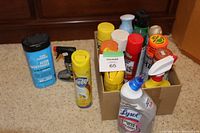 Photo showing various used household cleaning and shoe waterproofing products including Lysol disinfectant spray, Pledge cleaner, and several aerosol cans packed in a cardboard box.
