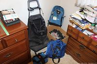 Photo showing black shopping trolley with metal handle, two blue backpacks, lunch caddy on floor next to box with items.