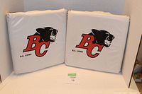 Two white square vintage BC Lions seat cushions side by side displaying the logo and text clearly