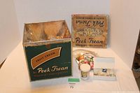 Main image showing the Peek Freans biscuit tin empty with the lid leaning behind it, and grouped collectibles in front including small jar, open box with pins