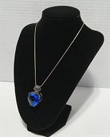 Photo of the full necklace displayed on black jewelry bust showing chain length and pendant size.