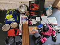 Overview of pet-related items including dishes, coats, leashes, harnesses, and roadside safety tools laid out on table.
