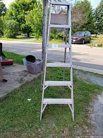 Front view of a 6 foot wooden step ladder, showing paint wear and chipping, placed outside on grass near a road.