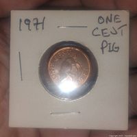 Front view of the 1971 one cent coin showing pig design and inscriptions 'ONE CENT 1971' inside protective holder with handwritten label.