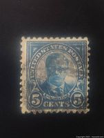 Close up image of a 5 cent blue US stamp featuring a portrait of Theodore Roosevelt, showing perforated edges and cancellation marks.