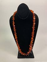 Full view of the amber necklace displayed on a black stand showing the full length and bead arrangement.