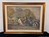 Framed watercolour painting showing full image of pastoral homestead scene with trees and two houses.
