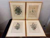 Four framed floral prints displayed together on a table showing overall condition and size.