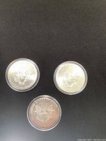 Reverse of three American Silver Eagle coins showing heraldic eagle design, each in plastic capsule on black background