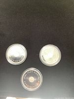 Reverse side of three silver rounds in plastic capsules showing weight and purity markings (.999 FINE SILVER, ONE TROY OUNCE).