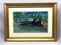 Framed landscape painting showing the full artwork and frame. The painting depicts a photograph scene of a mill pond with trees, shadows, and a wooden structure. Signed at bottom right by AJ Vermeulen. Framed in a gold frame with cream matting.