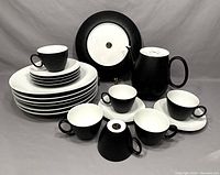 Overall view of eight dinner plates stacked, six cups on saucers, and coffee pot.