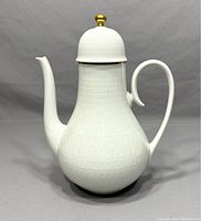 Front angled view of the Rosenthal Studio Line Secundo coffee pot showing the curved spout, handle, and textured white porcelain body with gold-tone finial on the lid.