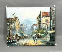 Full front view of unframed oil painting on gray background